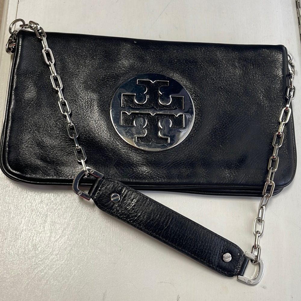 Tory Burch Leather Reva Flap Chain Clutch/Shoulder Bag Black Silver